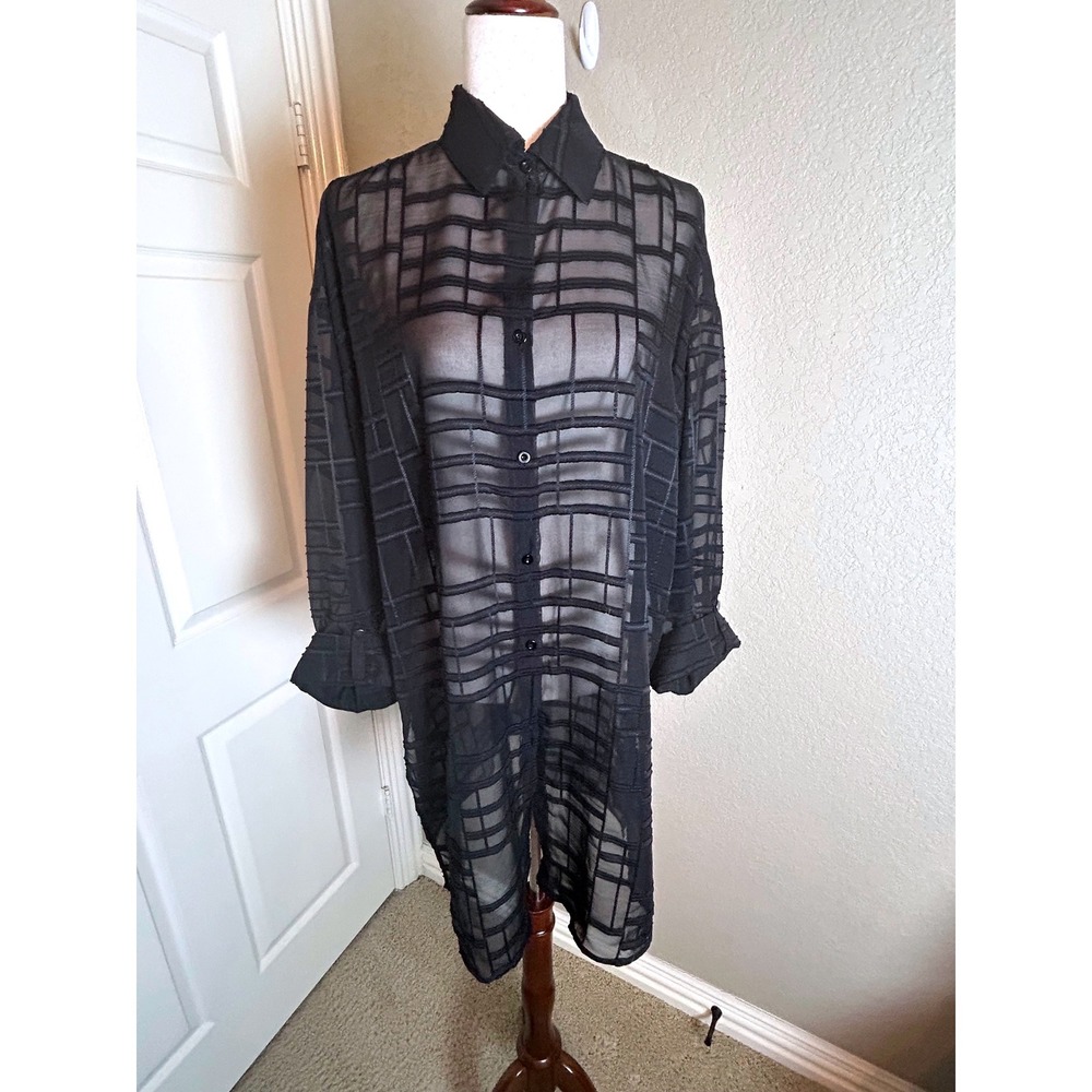 Ming Wang Longline Sheer Blouse Women M Black Grid Textured Button Up
